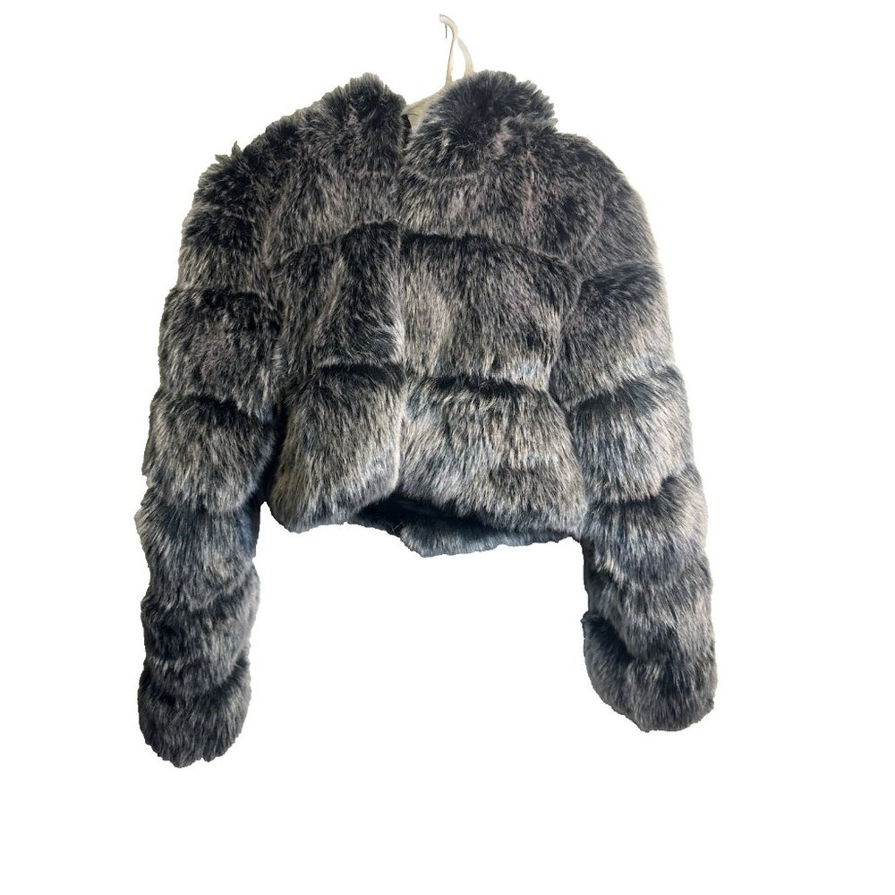 QIYE Faux Fur Cropped Hooded Jacket Grey Black Ombre Puffer Style Large